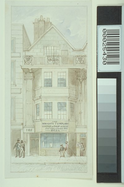 Vista del no. 185 Fleet Street, con figuras caminando frente a Knights Templars Coffee and Chop House de James Findlay